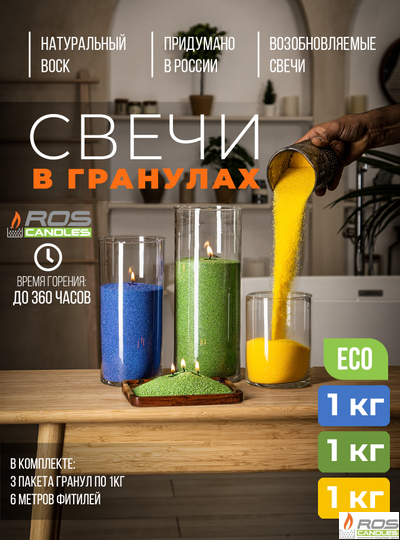 Набор цветных свечей: синие "Синий" - 1кг; зелёные "Зелёный" - 1кг; жёлтые "Жёлтый" - 1кг