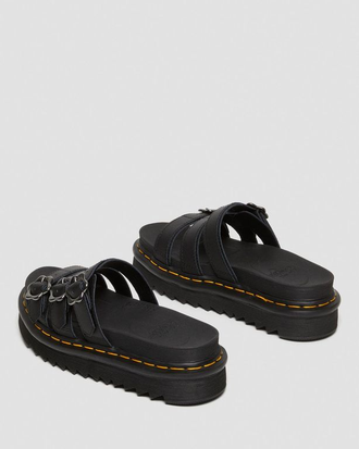 БОСОНОЖКИ DR. MARTENS BLAIRE FLOWER BUCKLE LEATHER SLIDE ЧЕРНЫЕ