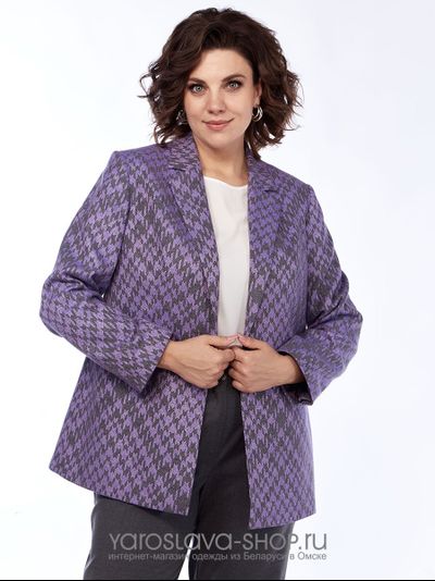 Двухпредметный брючный комплект с жакетом в клетку фиолетового цвета