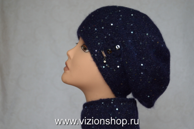 Вязаный синий берет зимний женский Vizio Визио Италия 6457