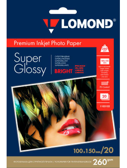 Суперглянцевая ярко-белая (Super Glossy Bright) микропористая фотобумага Lomond для струйной печати, A6, 260 г/м2, 20 листов.