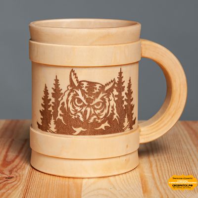 Кружка  деревянная  с гравировкой БРАТСК  (сова)