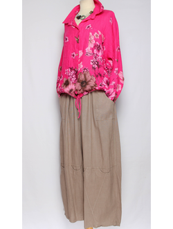 Брюки Бохо"Лён широкие с кармашками" бежевые, св. бежевые  р.48-58