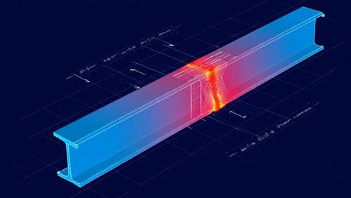 Визуализация прогиба и напряжений в большепролетной металлической балке при расчете.