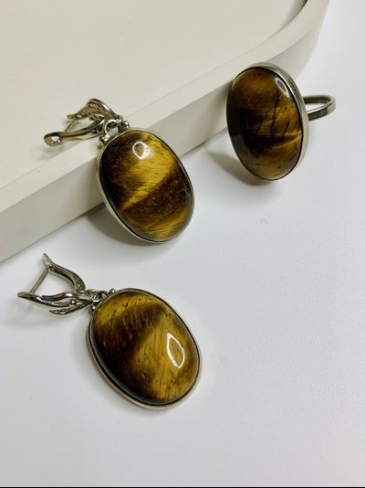 Серьги и кольцо с тигровым глазом