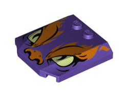 Wedge 4 x 4 x 2/3 Triple Curved with Orange Flames and Nose, Yellowish Green Eyes, Black Slit Pupils Pattern, Dark Purple (45677pb121 / 6288273)