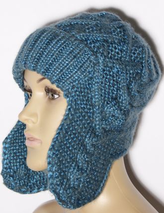 Шапка женская ушанка "Косички" 11528 морская волна, коралл