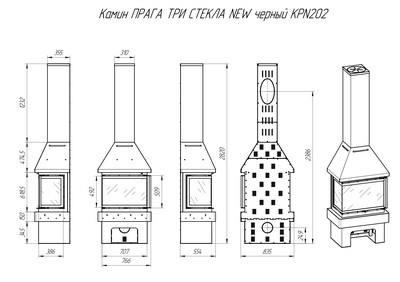 Камин ПРАГА три стекла NEW черный, Экокамин (Россия)