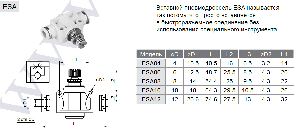 Габаритные и присоединительные размеры пневмодросселя ESA