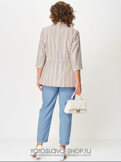 Брючный комплект: бежевая блуза в полоску, голубые брюки (модификация 3)