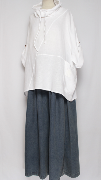 БЛУЗА ЛЁН КИМОНО "ХОМУТ КУЛИСКА" св.бежевая, белая, бежевая  до.56