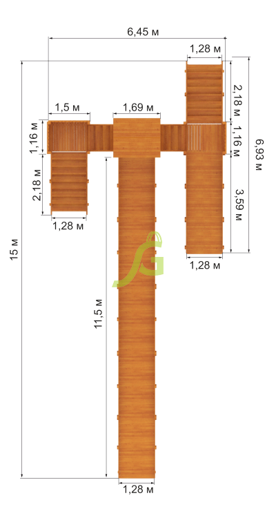 Зимняя деревянная горка "Snow Fox 12 м" с двумя скатами (две лестницы)