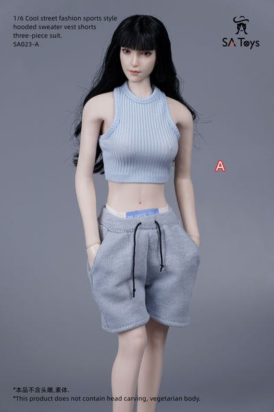 Женский спортивный костюм, набор из 3 предметов (голубой) - 1/6 - Cool street fashion sports style hooded sweater vest shorts three-piece suit  (SA023A) - SA Toys