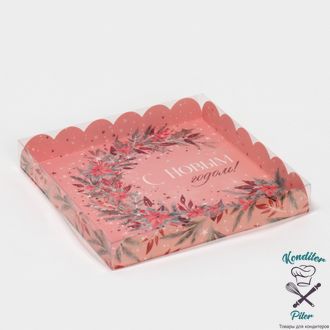 Коробка для кондитерских изделий с PVC крышкой «Зимние цветы», 21 × 21 × 3 см