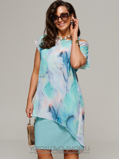 Женское льняное платье бирюзового цвета с шифоновой накидкой