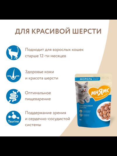 Мнямс влажный корм (пауч) для красивой шерсти у кошек, кусочки в соусе с форелью 85 г