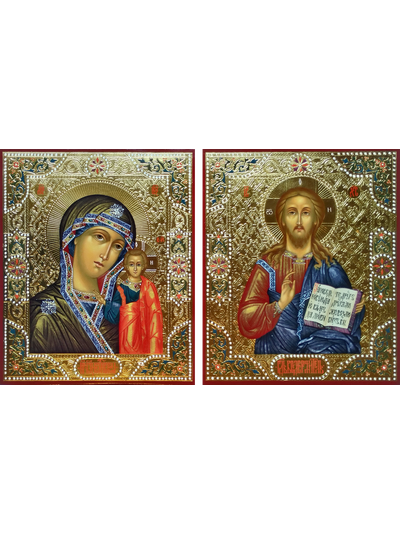 Венчальная пара. Образ Спасителя. Образ Пресвятой Божией Матери “Казанская”. Рукописные иконы. 22х28