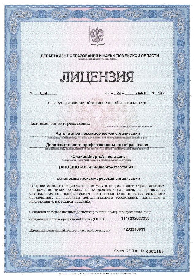 Лицензия на осуществление образовательной деятельности АНО ДПО “СибирьЭнергоАттестация”