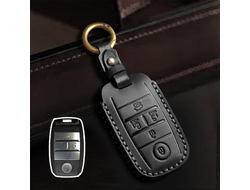 Кожаный чёрный чехол для смарт ключа Киа Карнивал 4 с 5 кнопками, выпускаемым с 2020 года