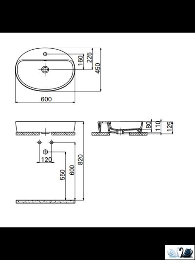 Раковина Creavit Loop LP161-00CB00E-0000 LP161, глянец белого цвета, овальная 60 см с площадкой