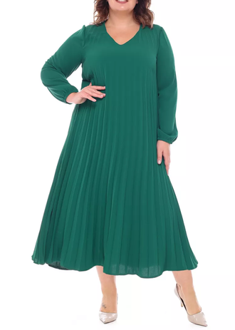 Нарядное женское платье трапеция из мягкого гофрированного материала  Арт. 14538-6904 (Цвет изумруд) Размеры 54-66