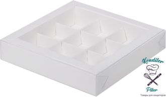 Коробка на 9 конфет с пластиковой крышкой 155*155*30 мм, белая