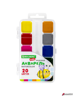 Краски акварельные BRAUBERG KIDS, медовые, 20 цветов, квадратные кюветы, пластиковый пенал. 192283