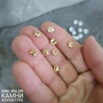 Шапочки ЛЮКС, "Цветочек шестилистник" 6 мм, позолота 14К, цена за набор