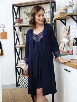 Комплект для беременных и кормящих 1-НМК 15732 халат и сорочка синего цвета