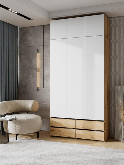 Абрау Шкаф трехстворчатый с ящиками и антресолью Дуб золотой/Белый