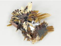 Редкость! Рутил свободного роста, сростки "звезды" золотистых игольчатых кристаллов на кристаллах гематита, Бразилия (20*18*7 мм, 2 г) №37911