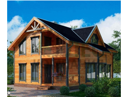 Полутораэтажный дом из бруса 8x10,5 с кукушкой, террасой, эркером и балконом