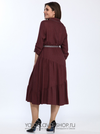 Платье бордового цвета с кокеткой и косыми воланами