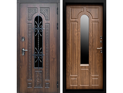 Дверь с ковкой и стеклопакетом Лацио орех с панелью дуб