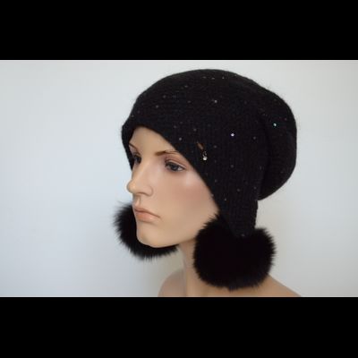 Черная женская шапка ушанка с помпонами вязаная Vizio 6463