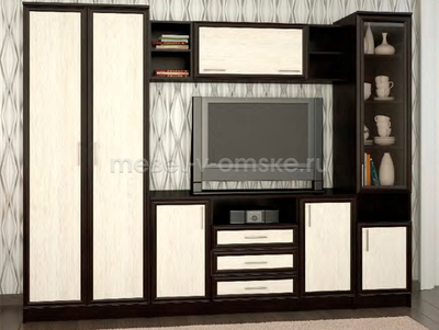 Гостиная "Премьера-7" в интерьере в цвете: корпус-Дуб Венге, фасад-Дуб Млечный, профиль МДФ-Венге
