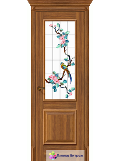 Витражная пленка, витражная пленка самоклеющаяся под заказ,пленочный витраж флора с птицами