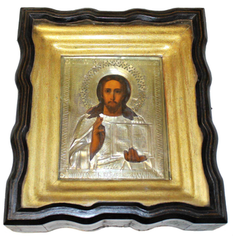 Икона  `Господь Вседержитель` в латунном окладе и киоте. Россия. Кон. XIX – нач. ХХ века.