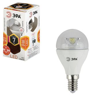 Лампа светодиодная ЭРА, 7 (60) Вт, цоколь E14, прозрачный шар, теплый белый свет, 30000 ч., LED smdP45-7w-827-E14-Clear, P45-7w-827-E14c
