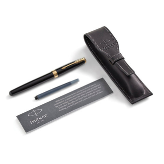 Ручка перьевая PARKER "Sonnet Laque Black GT", перо М, черная с черным кожаным чехлом, 2018971