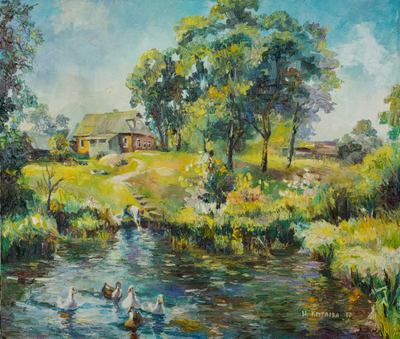 Гуси на пруду в деревне