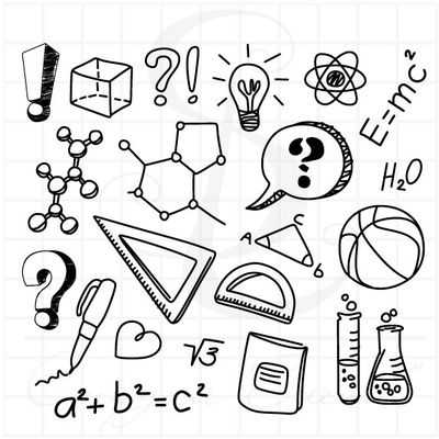 Набор школьных штампов формулы, колбы, микроскоп, ручка, мяч, циркуль, линейки, тетрадь