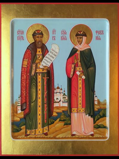 Петр и Феврония Муромские, Святые Чудотворцы. Рукописная икона. 22х28см.