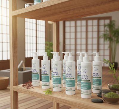 Баночка желе-маски «Виватон» на стеклянной полке в интерьере спа-салона рядом с белыми махровыми пол