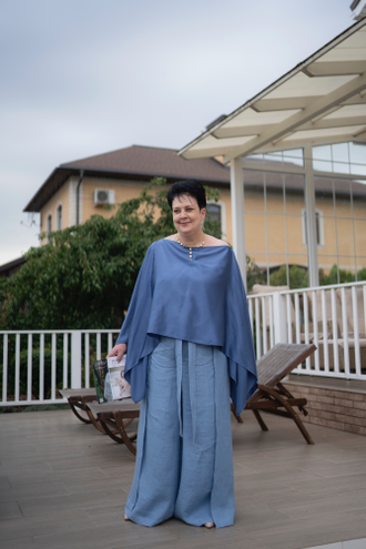 Брюки палаццо на завязках, голубой — 100% лён (размер 52-56)