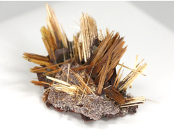 Редкость! Рутил свободного роста, сростки "звезды" золотистых игольчатых кристаллов на кристаллах гематита, Бразилия (24*15*15 мм, 2,45 г) №37910