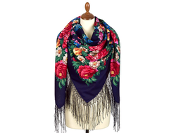 Павловопосадские платки 148x148 см (шали),  из уплотнённой шерсти, с шёлковой вязаной бахромой