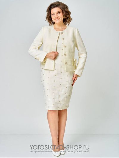 Модель : 2-176.Нарядный женский комплект в бежевом цвете, состоящий из жакета и платья