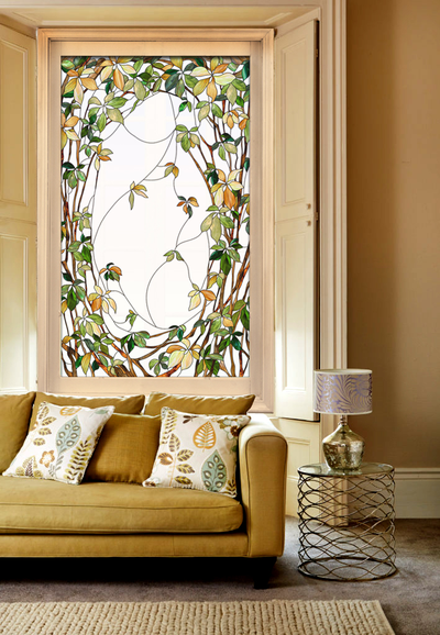 Витражная пленка, витражная пленка самоклеющаяся под заказ,пленочный витраж с листьями