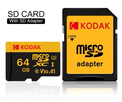 Карта памяти Kodak Micro SD, класс 10, UHS-1 U3 V30 A1 на 64 ГБ, чтение 90 МБ/с, запись данных 30 МБ/с, + переходник SD